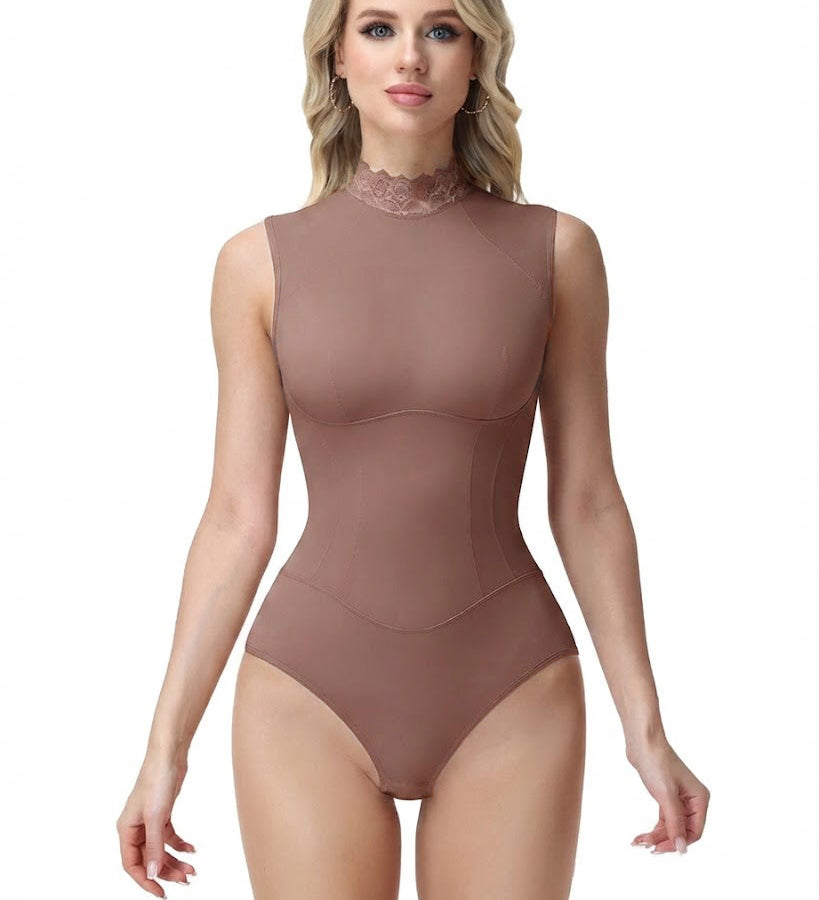 Lace Mock Neck Sleeveless Crisscross Open Back Seamless Shaping Bodysuit