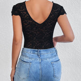 Sexy Deep V Neck Lace Short Sleeve Bodysuit One Piece Slim Fit Body Shaper