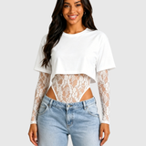 Short Sleeve Crop Top Lace Bodysuit Two Piece Outfit