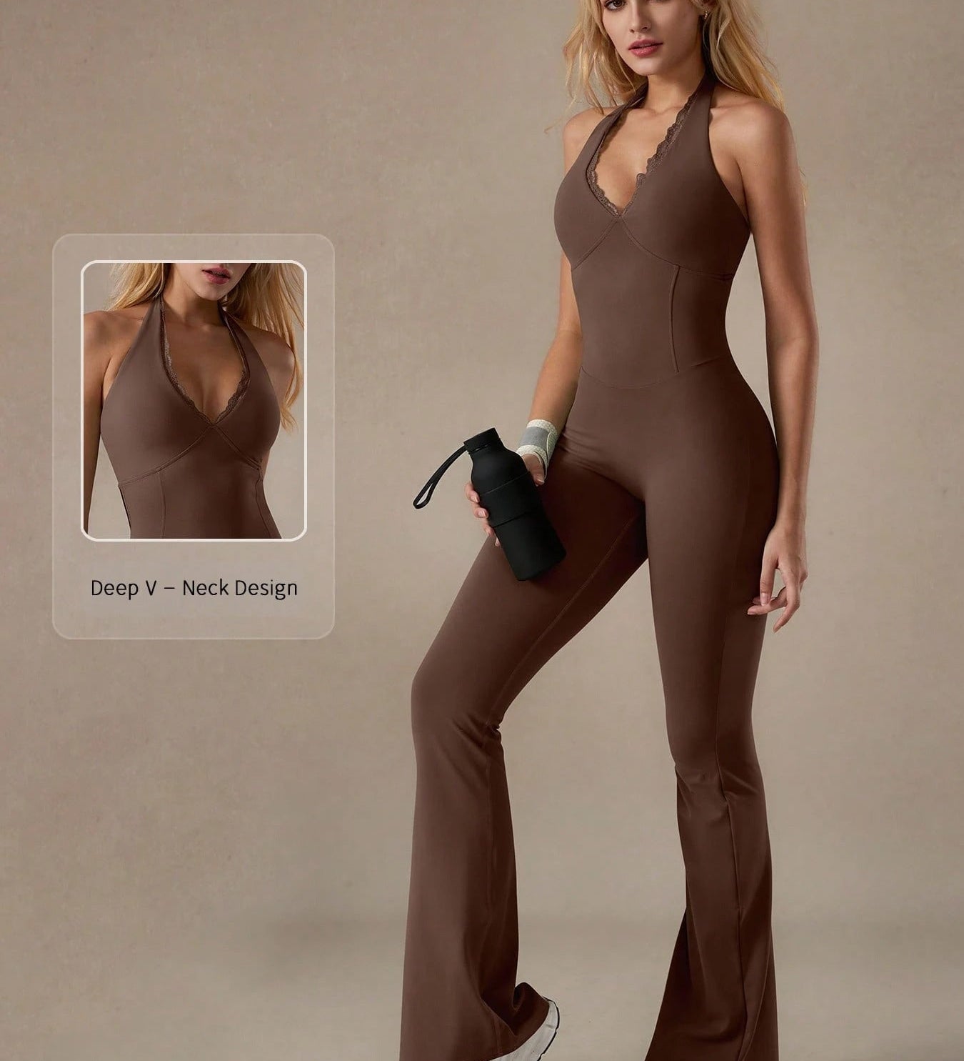 V-neck Lace-trimmed Halter Neck Yoga Sports Fitted Jumpsuit