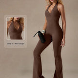 V-neck Lace-trimmed Halter Neck Yoga Sports Fitted Jumpsuit