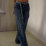 Fashionable Washed Mid Waist Diamond Studded Straight Leg Jeans