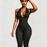 Hourglass Halter V Neck Backless Butt Lifting Capri Jumpsuit In Polk Dot