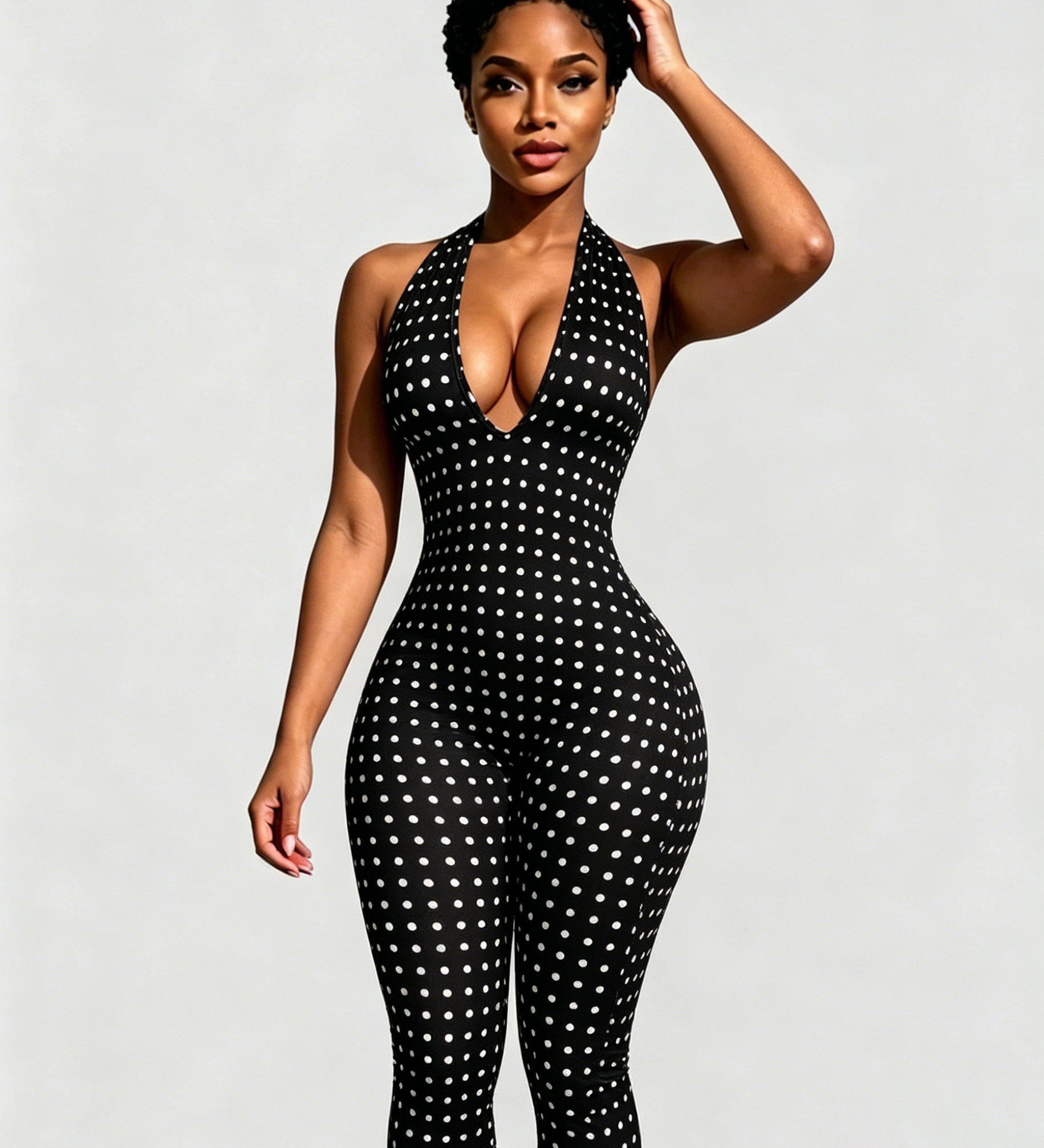 Hourglass Halter V Neck Backless Butt Lifting Capri Jumpsuit In Polk Dot