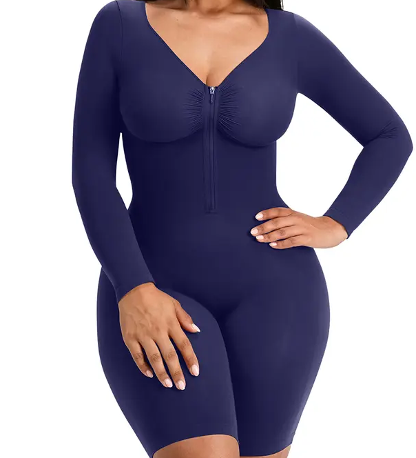 Front Zipper Long Sleeve Mid Thigh Full Body Shapewear Bodysuit