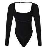 Square Neck Long Sleeve Backless Thong Slim Fit Bodysuit