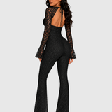 Sexy Cutout Front Tie Long Sleeve Open Back Lace Flare Jumpsuit