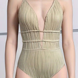 Sexy Backless Deep V Tummy Control Swimsuit Back Lace Up