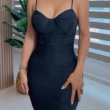 Women's Sexy Spaghetti Strap Corset Ruched Bodycon Midi Dress