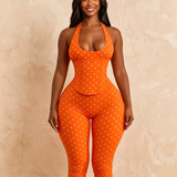 Hourglass Figure Body Shaper Waist Cincher Polka Dot Capri Jumpsuit Two-Piece Set