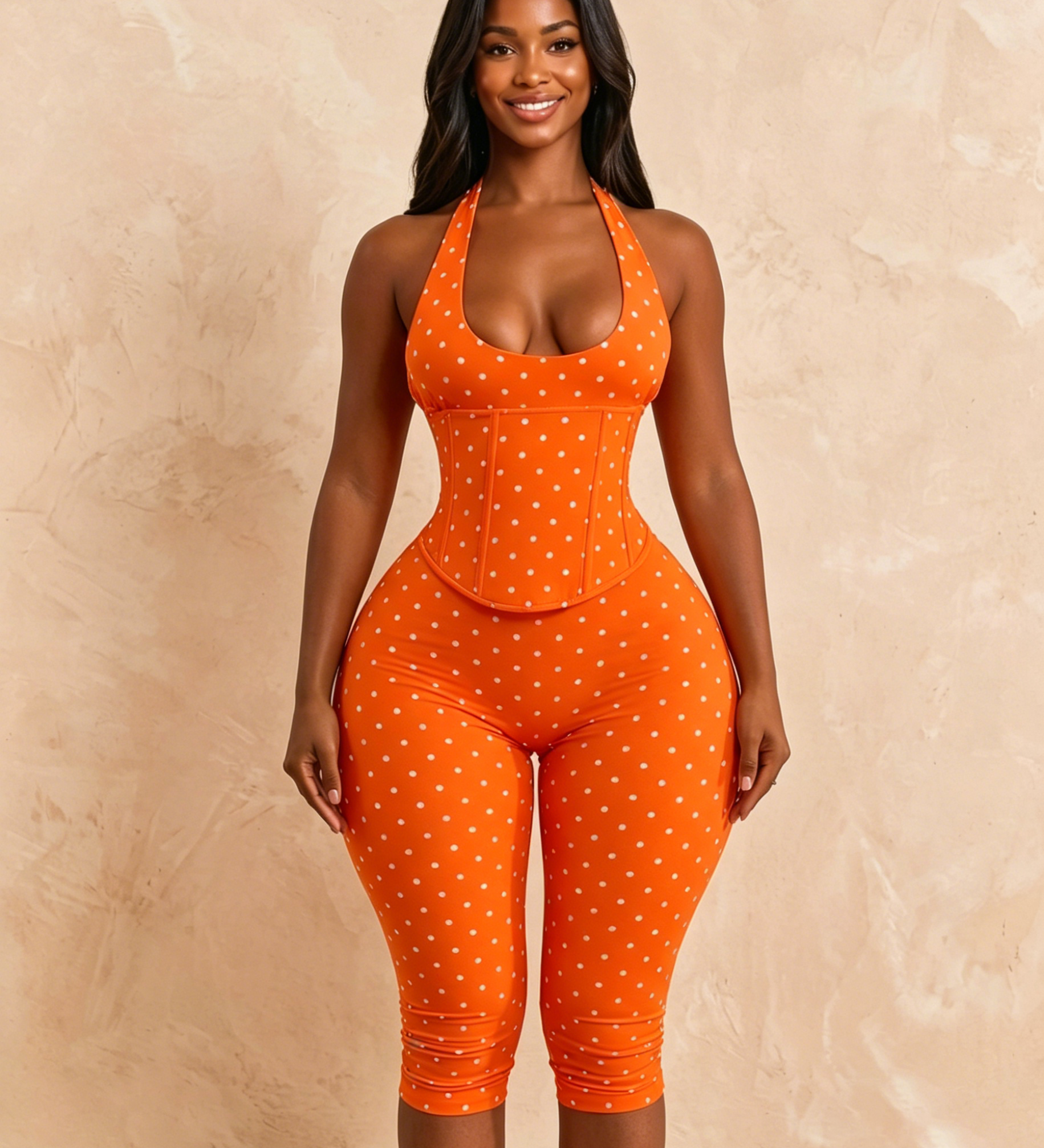 Hourglass Figure Body Shaper Waist Cincher Polka Dot Capri Jumpsuit Two-Piece Set