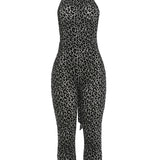 Leopard Print Halter Neck Open Back Capri Jumpsuit