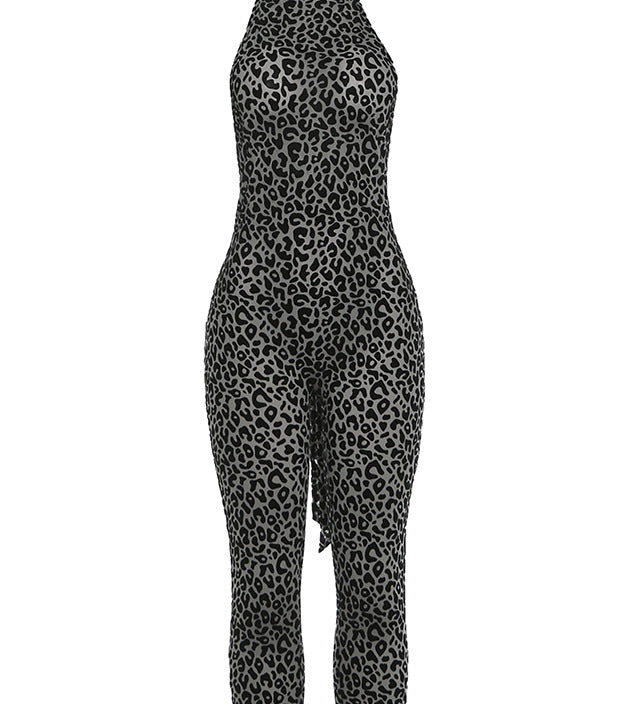Leopard Print Halter Neck Open Back Capri Jumpsuit